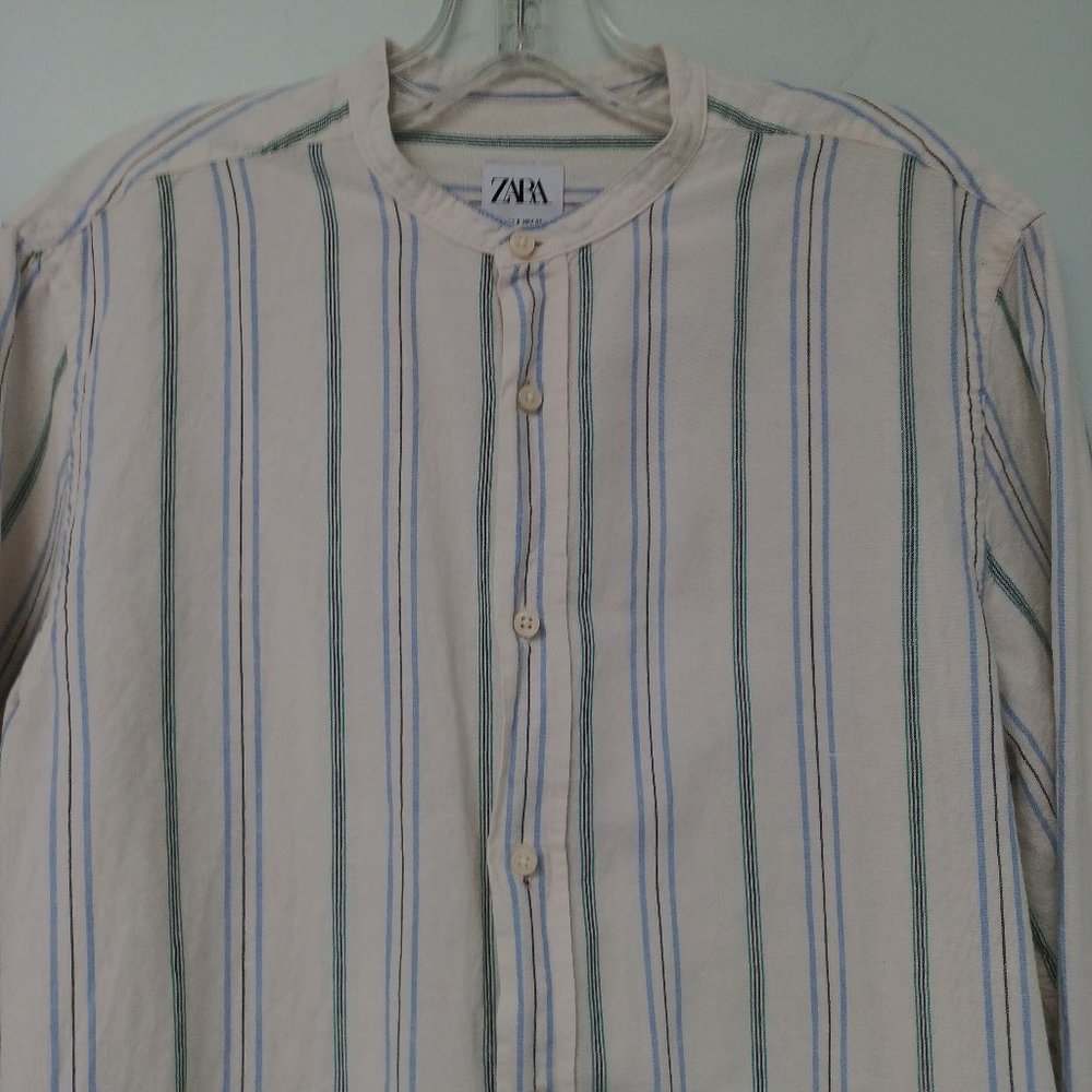 Zara Long Sleeve Cotton/Linen Shirt, White with Blue Stripes, Size S